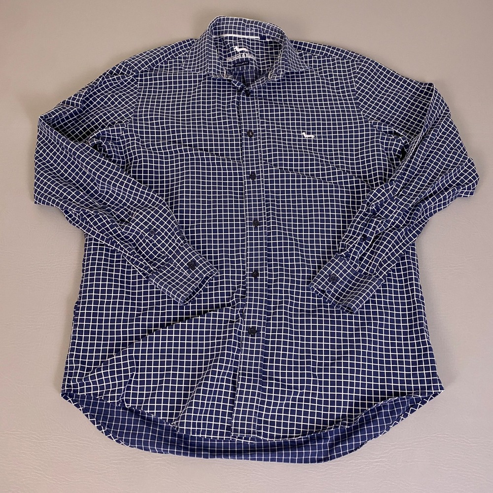 Harmont & Blaine Shirt Men's XL Regular Fit Windowpane Check Navy Blue Button Up